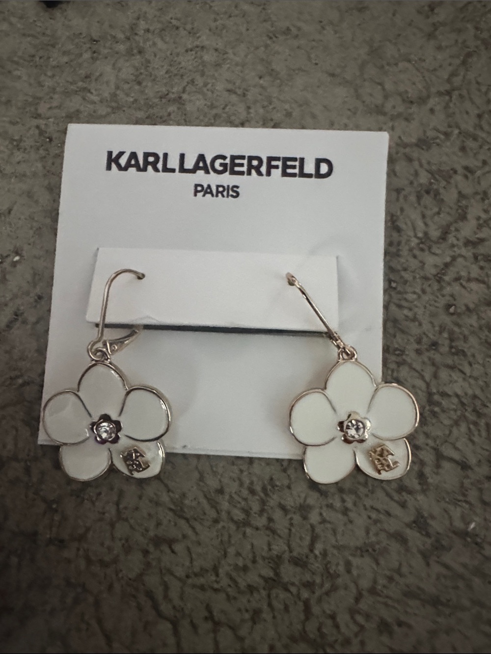 Karl Lagerfeld White Enamel Floral Drop Earrings with Gold-Tone Trim